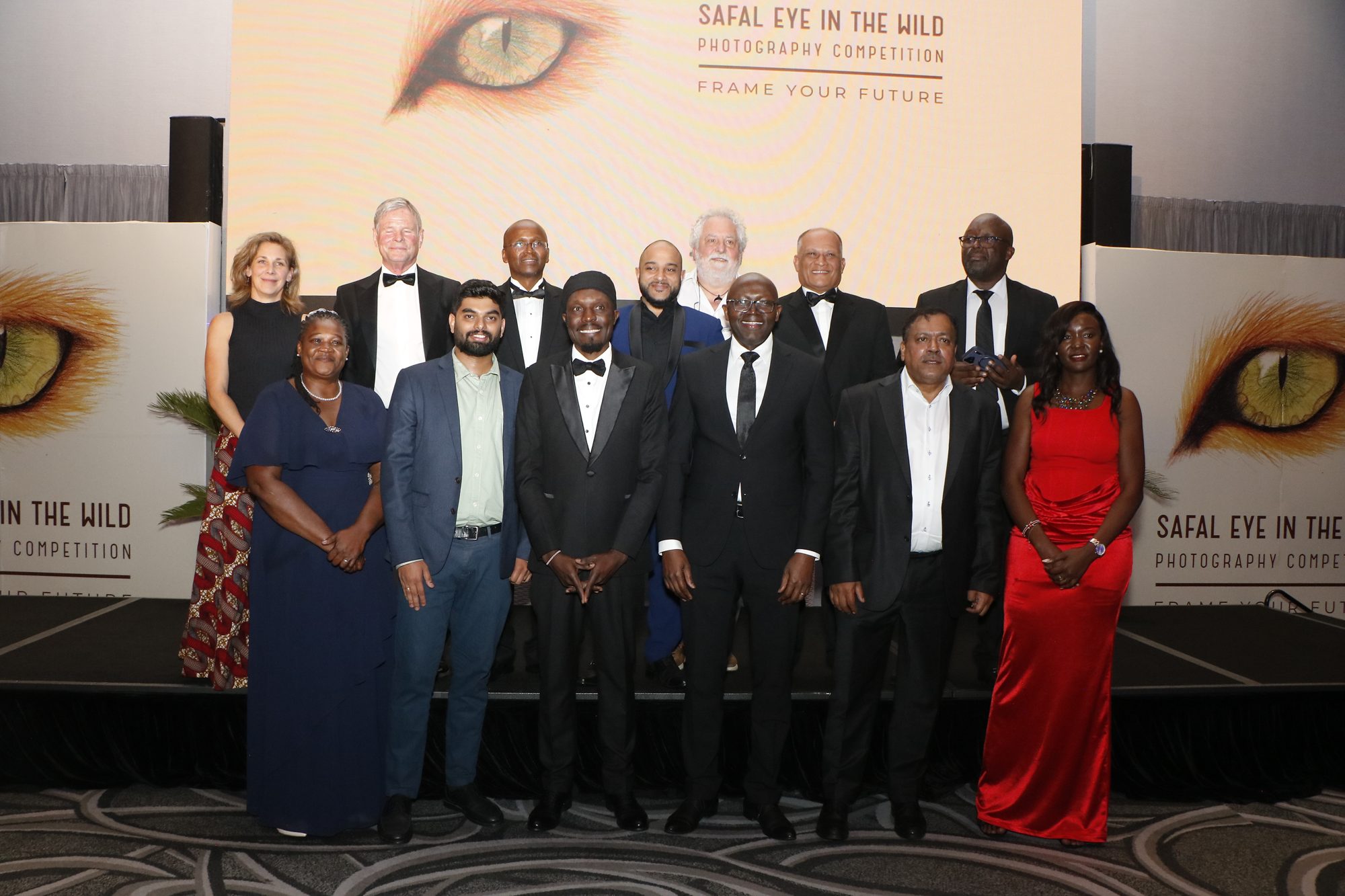 Winners, judges and Safal Group leadership on stage at the Safal Eye in the Wild 'Frame Your Future' gala.