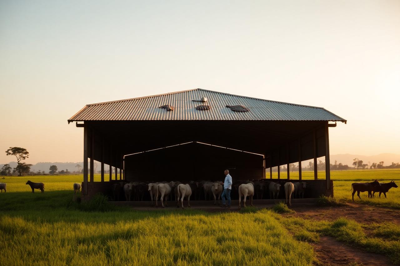 Large farm shed with corrugated metal roof in rural Tanzania, farmer standing with cattle at golden hour.