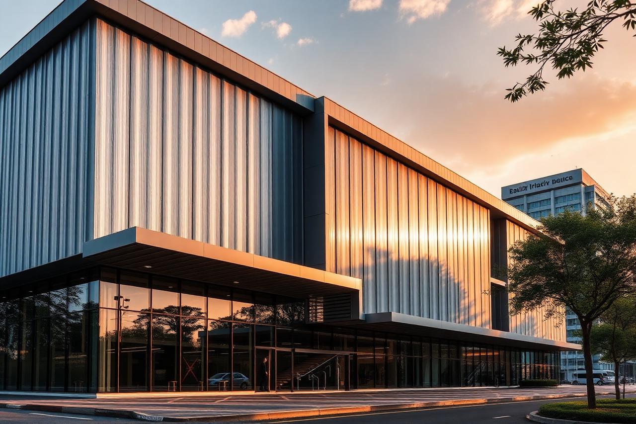 Modern commercial building in Nairobi clad in vertical metal panels at golden hour.