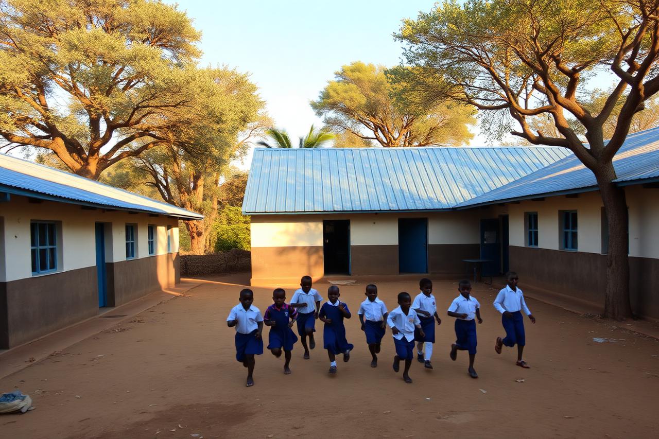 Rural African primary school with a new blue metal roof, children in uniform running in the courtyard.