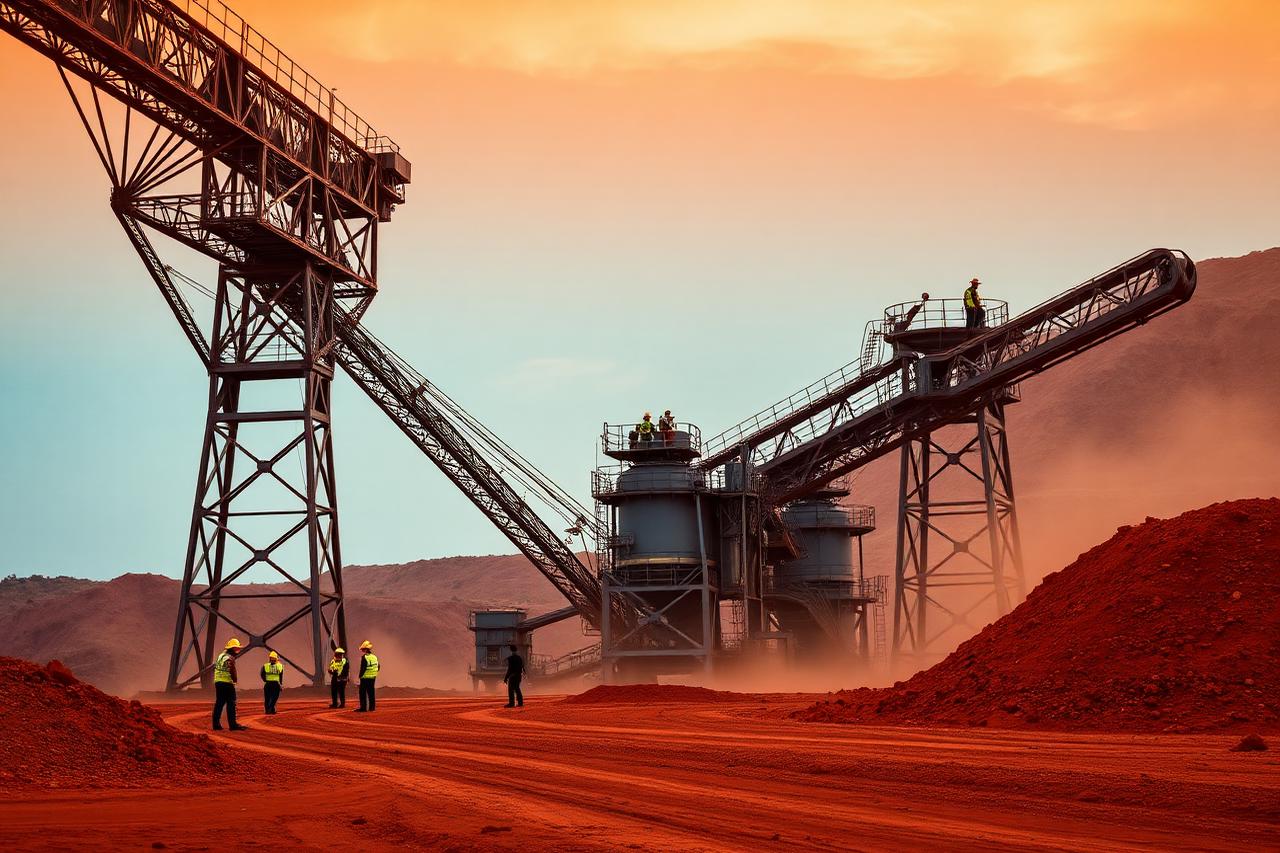 African iron ore mine with steel headframe and processing plant, engineers in PPE on red earth.