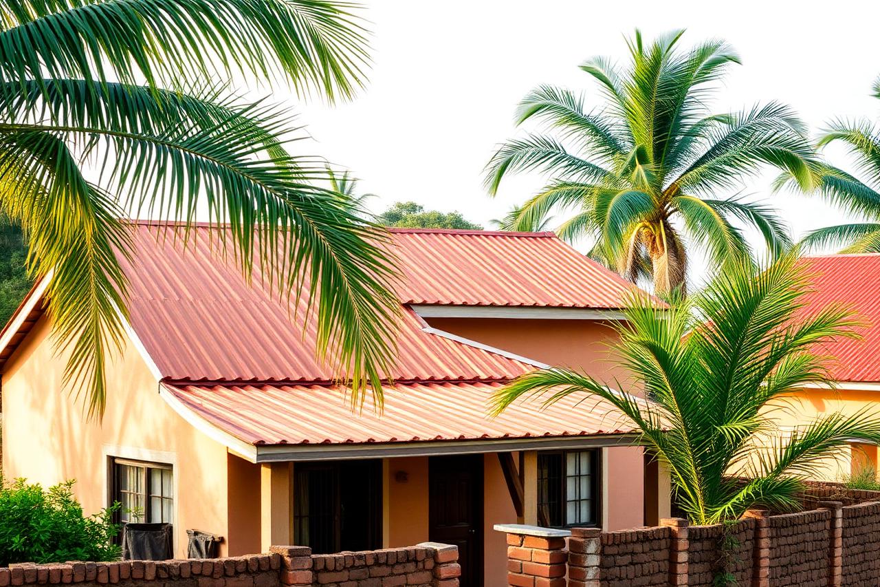 A family home in Kenya with a freshly installed terracotta metal roof under warm morning light.