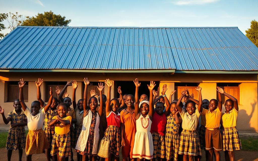 Ugandan schoolchildren cheering outside a newly built classroom with a blue metal roof.