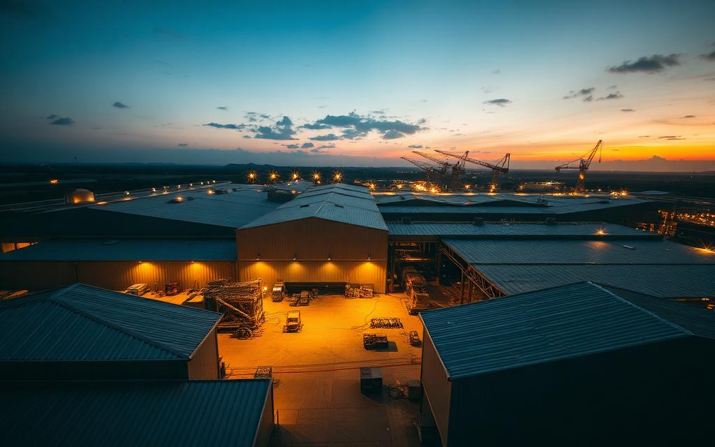 Aerial view of a large Safal manufacturing facility with metal-clad roofs at dusk.