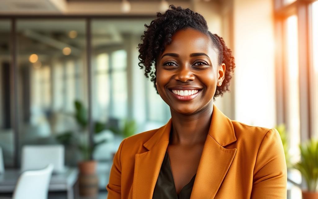 Portrait of Grace Achieng, a smiling African executive in a warm ochre blazer, in a modern office.