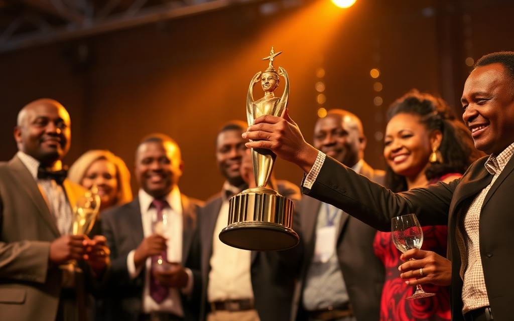 Safal team on stage lifting a gold industry award trophy at an evening ceremony.