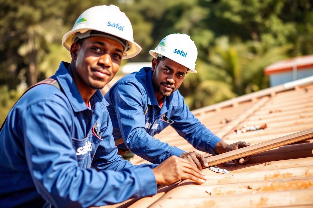 Two certified Safal installers in branded blue uniforms and hard hats fitting a metal roof panel under bright daylight.