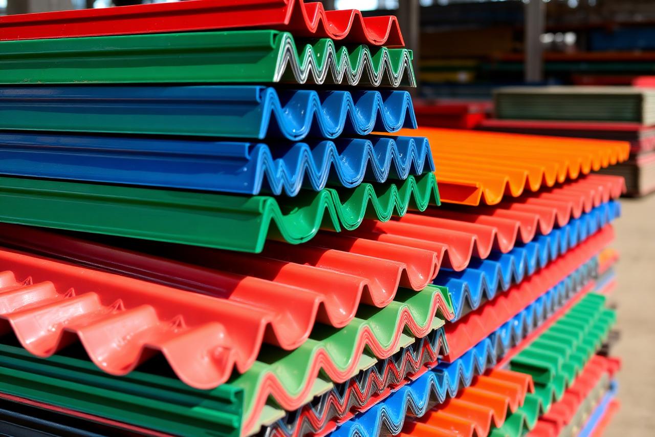 Stacked corrugated and tile-profile roofing sheets in red, blue, green and orange at a Safal factory yard.