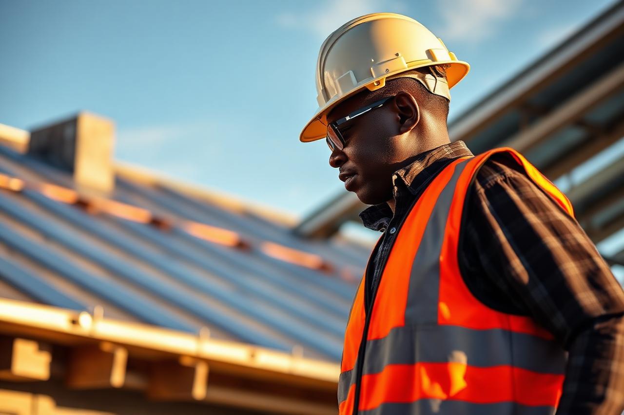 Safal engineer in hard hat and hi-vis vest inspecting a metal roofing installation on a building site.